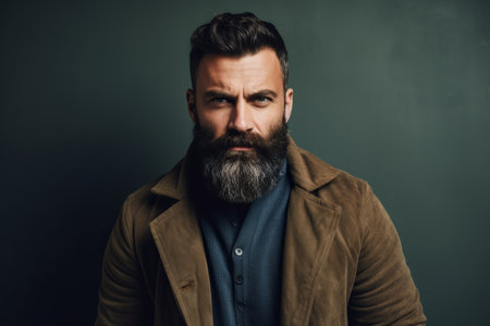 Portrait of a handsome bearded man in a brown jacket. Men's beauty, fashionの素材