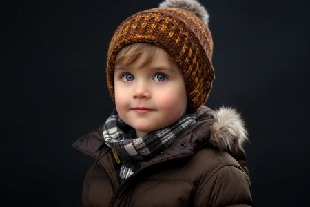 A portrait of a cute little boy in a warm hat and coatの素材
