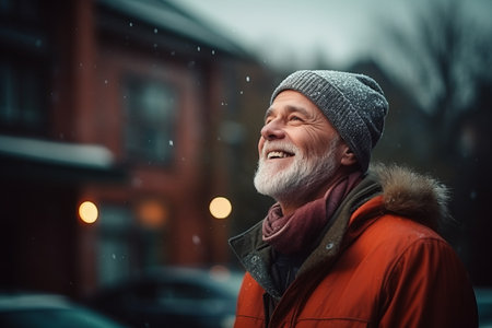 Portrait of a happy senior man on the street in winterの素材