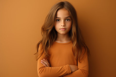 Portrait of cute little girl with long hair on orange backgroundの素材