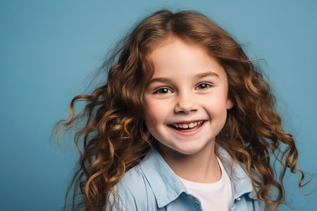 Portrait of a cute smiling little girl with curly hair over blue background.の素材