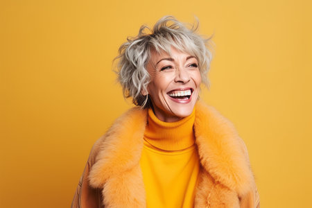 Portrait of a happy senior woman in yellow fur coat over yellow background.の素材