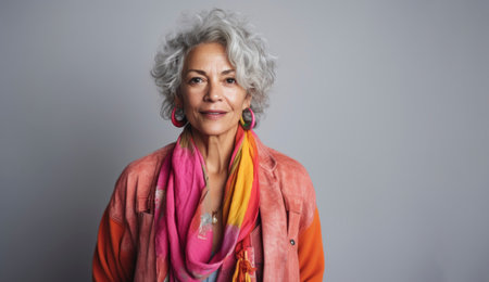 Portrait of a beautiful senior woman with curly gray hair and colorful scarf.の素材