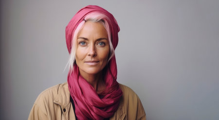Portrait of a beautiful woman with pink hair wearing a headscarf.の素材
