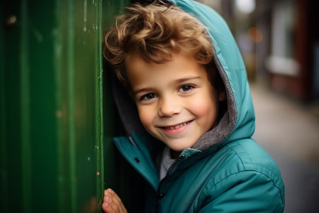 Portrait of a cute little boy in a raincoat, outdoorの素材