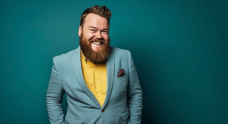 Portrait of a happy young man with long beard and mustache wearing a jacket and posing against a blue background.の素材