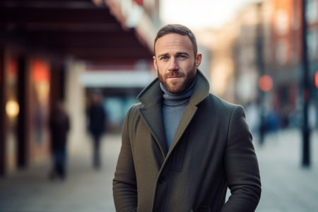 Portrait of a handsome man in a coat walking in the city.の素材