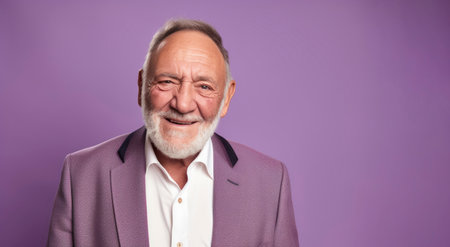 Portrait of a senior man with gray hair and beard on a purple backgroundの素材