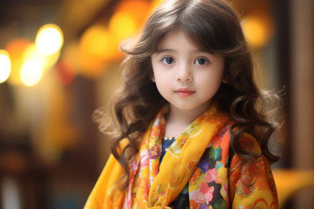 Portrait of a beautiful little girl with curly hair in a yellow dress.の素材