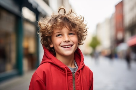 Portrait of a cute little boy with curly hair on the street.の素材