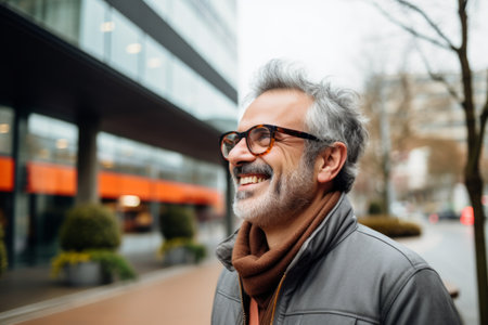Handsome middle-aged man with gray hair and glasses in the city.の素材