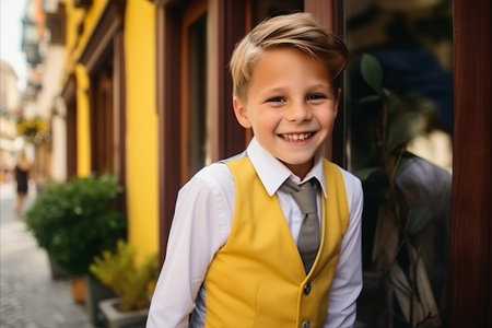 Portrait of a smiling boy in a yellow jacket and white shirt.の素材