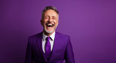 Portrait of a happy senior man laughing while standing against purple background.の素材