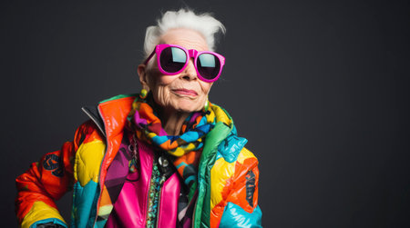 Portrait of a stylish senior woman in colorful jacket and sunglassesの素材