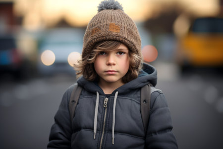 Portrait of a cute little boy in a warm hat and jacket on the streetの素材