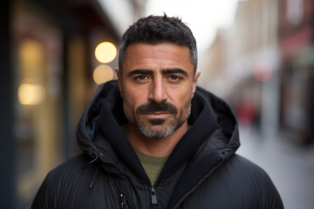 Portrait of a handsome bearded man in a black jacket on the street.の素材