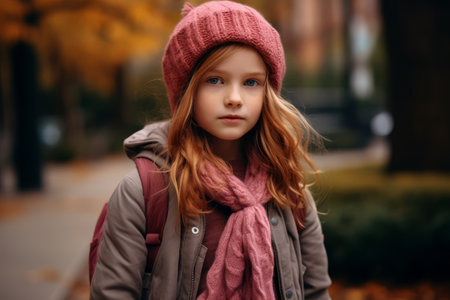 Outdoor portrait of a cute little girl in pink hat and scarfの素材