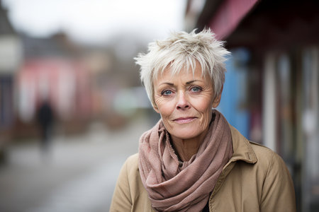 Portrait of mature woman with short hair in scarf on the street.の素材