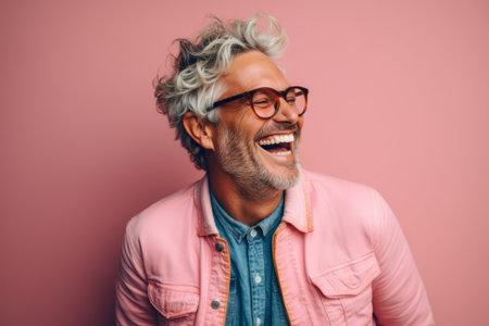 Handsome mature man in glasses smiling and looking away while standing against pink background.の素材