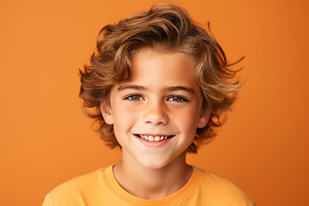 Portrait of a smiling little boy with curly hair over orange background.の素材