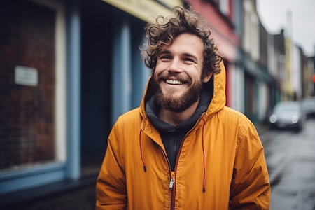 Portrait of a handsome young man wearing a yellow jacket and smiling.の素材