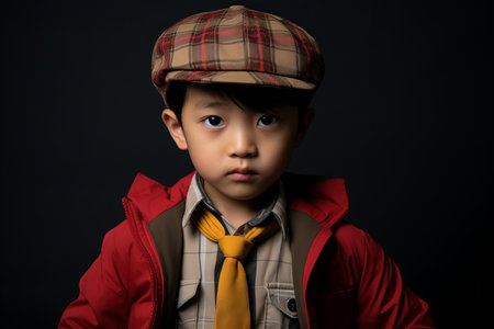 Little boy wearing a red jacket and a cap, isolated on black background.の素材