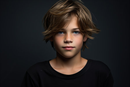 Portrait of a cute little boy with blond hair on dark background.の素材