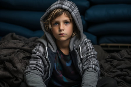 Portrait of a boy with a hood on his head, sitting on the bedの素材