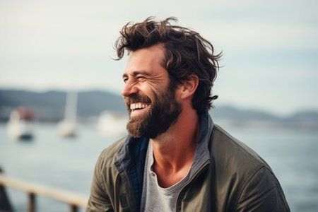Portrait of a handsome man laughing on a pier with a boat in the background.の素材