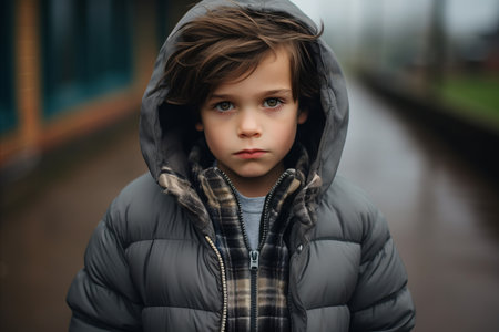 Portrait of a little boy in a warm jacket on the street.の素材