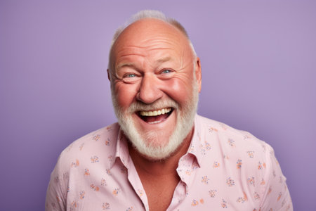 Portrait of a happy senior man looking at camera and laughing against purple background.の素材