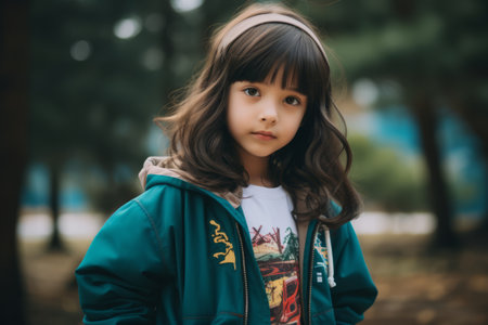 Little asian girl in a blue jacket on a background of the forest.の素材