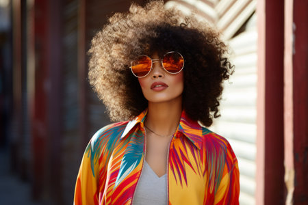 Fashionable african american woman with afro hairstyle wearing stylish sunglasses and colorful blouseの素材