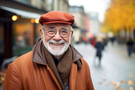 Portrait of senior man with beard and eyeglasses in the city.の素材