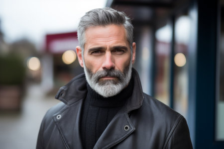 Portrait of a handsome mature man with gray beard and mustache in a black leather jacket on the street.の素材