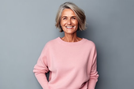 Portrait of a smiling senior woman standing with hands on hip against gray background.の素材