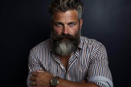 Portrait of a handsome mature man with long gray beard and mustache. Studio shot against black backgroundの素材