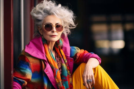 Fashionable mature woman in stylish clothes and sunglasses posing outdoorの素材