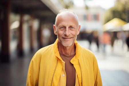 Portrait of a smiling senior man in a yellow jacket in the city.の素材