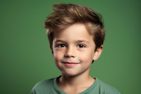 Portrait of a cute little boy on a green background. studio shotの素材