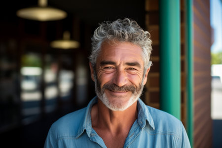 Portrait of handsome senior man smiling at camera while standing in cafe.の素材