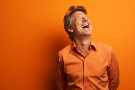 Portrait of a happy young man laughing over orange background. studio shotの素材