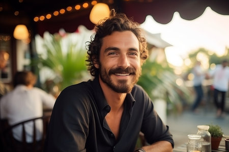 Portrait of handsome man smiling at camera while sitting at table in cafe.の素材