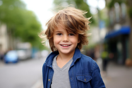 Portrait of a cute little boy with blond curly hair on the street.の素材