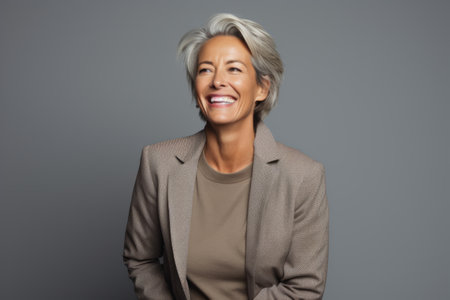 Portrait of a happy senior businesswoman smiling at the camera against gray background.の素材