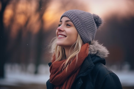 Portrait of a beautiful young woman in the park at winter time.の素材