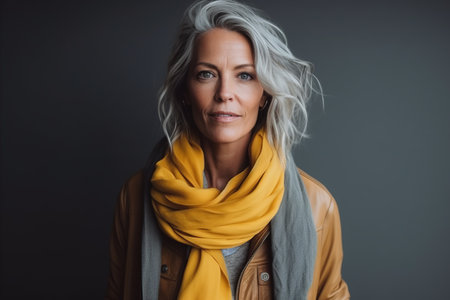 Portrait of a beautiful mature woman with gray hair and yellow scarf.の素材