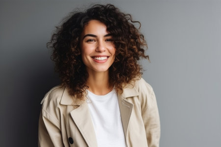 Portrait of a beautiful young woman with curly hair smiling against gray background.の素材
