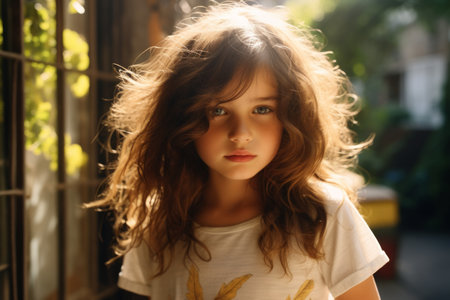 Portrait of a beautiful little girl with long curly hair in the sunlight.の素材