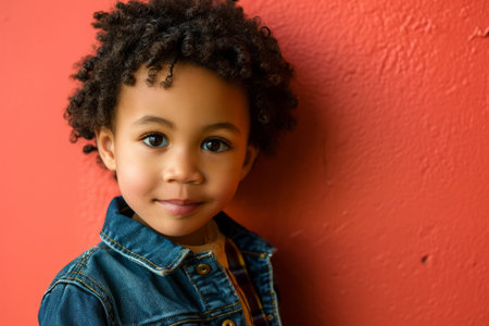 Portrait of a little African American girl on a red background.の素材